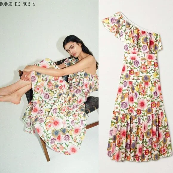 NEW Borgo De Nor Petra One Shoulder Ruffle Midi Dress Tiered Floral Print - Picture 3 of 16